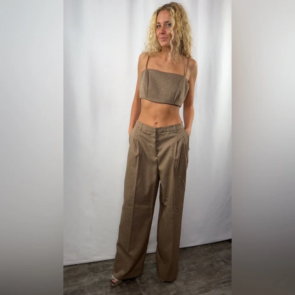 NEW House of Harlow 1960 Cropped‎ Top Wide Leg Pants Set in Brown Size Small